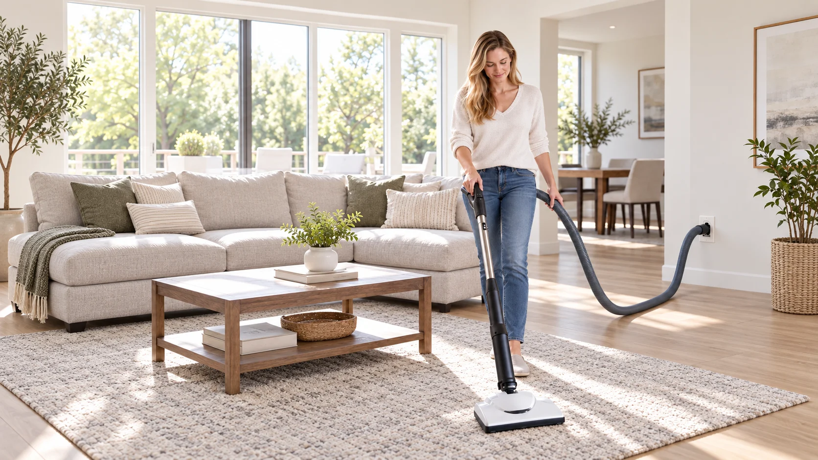 Woman using a central vacuum hose connected to a wall inlet in a bright living room