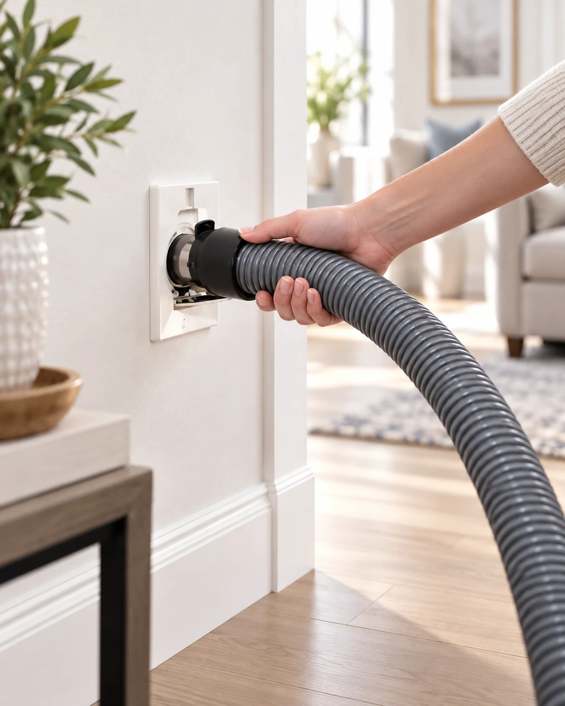 Close view of a central vacuum hose connecting to a wall inlet