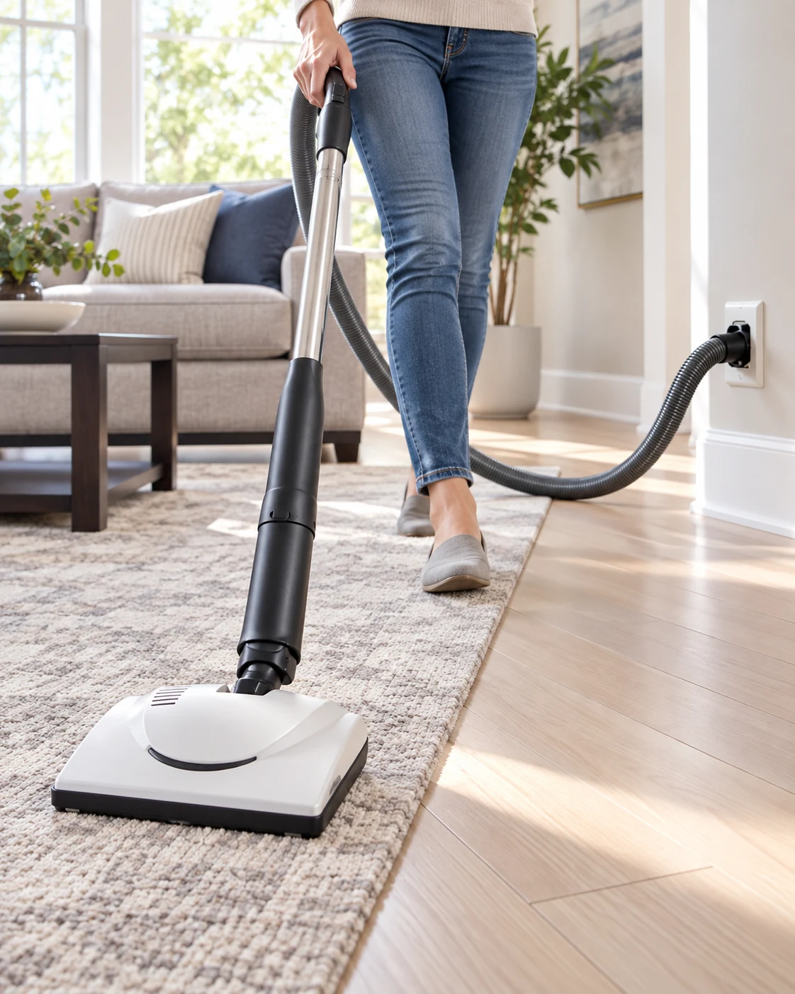 Woman using a central vacuum system in a bright living room