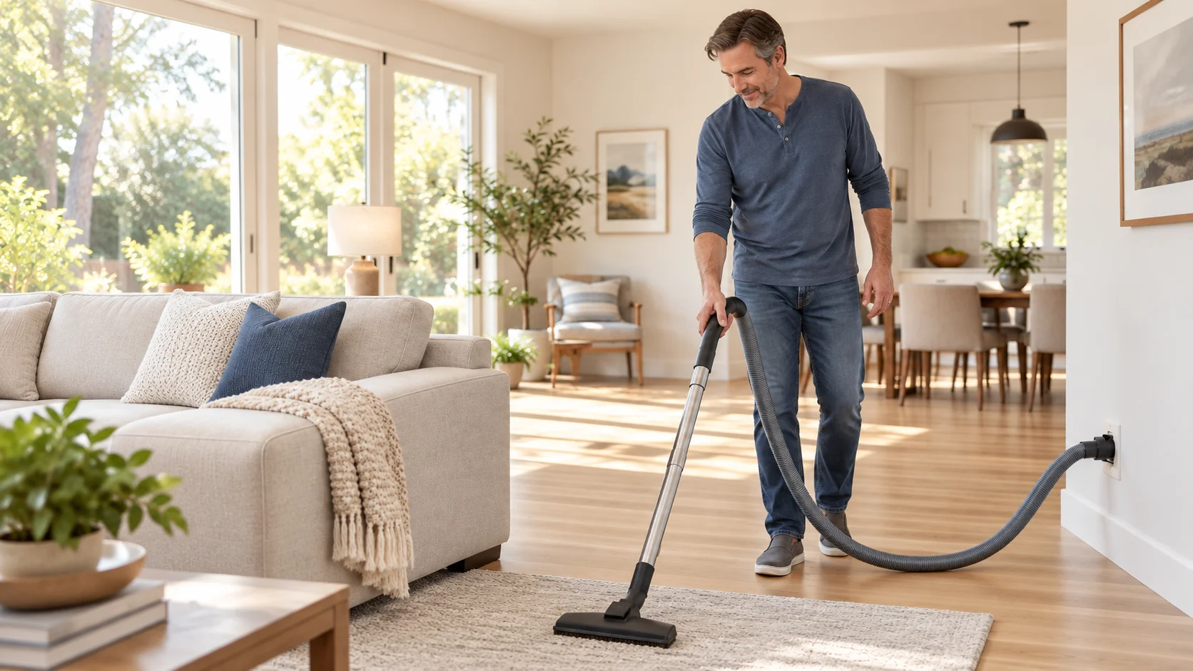 Man cleaning a bright living room with a central vacuum hose connected to a wall inlet