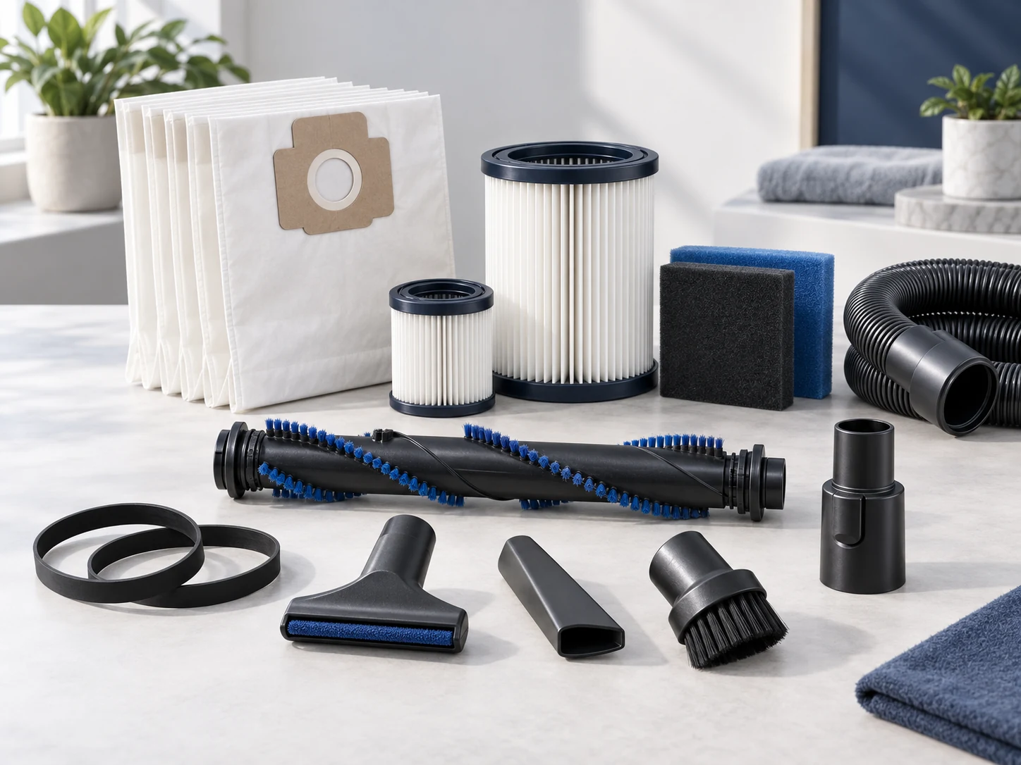 Vacuum bags, filters, belts, brush rolls, hoses, and attachments arranged for easy comparison