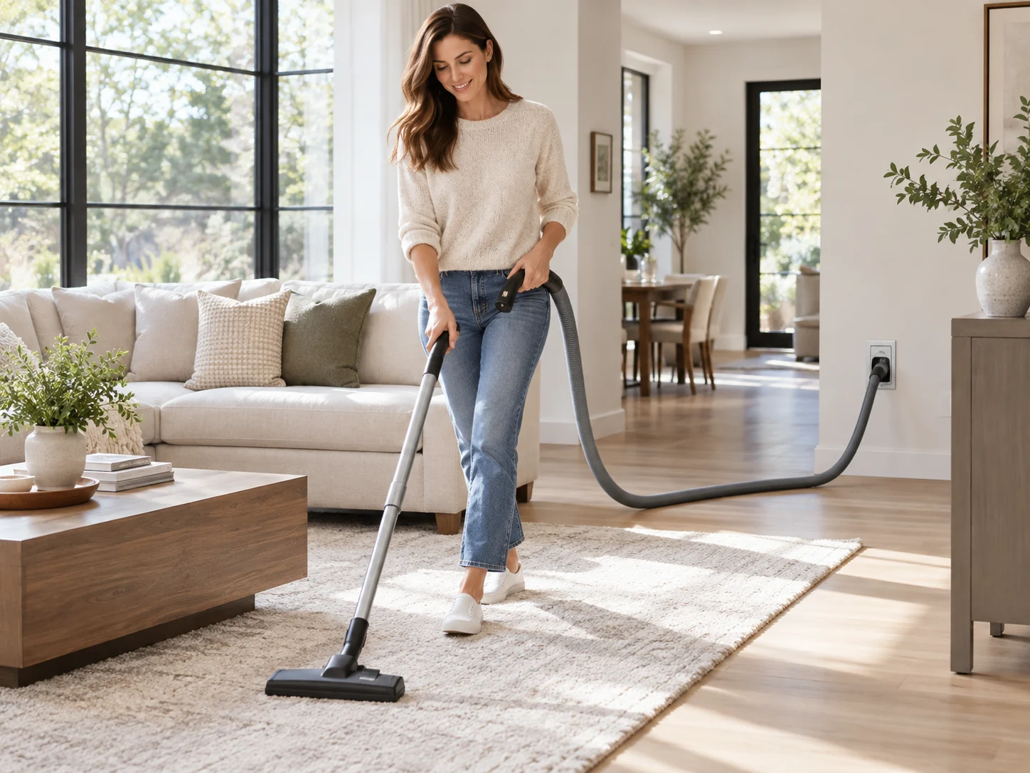 Woman using a wall-connected central vacuum in a bright modern living room