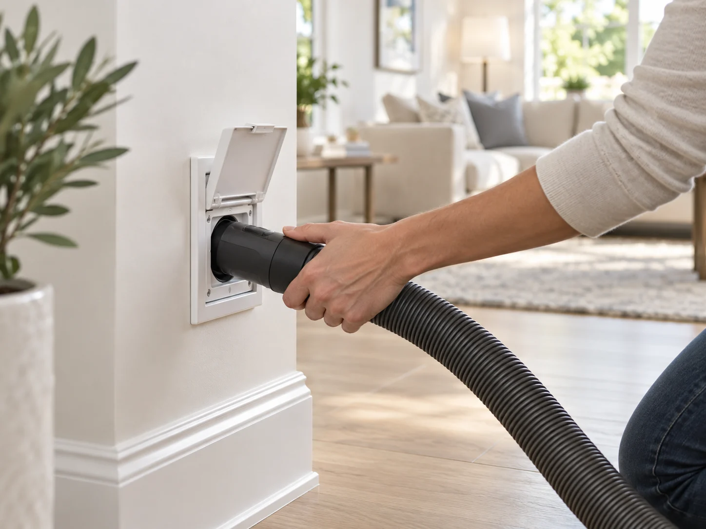 Hand connecting a central vacuum hose to a discreet wall inlet in a bright finished home