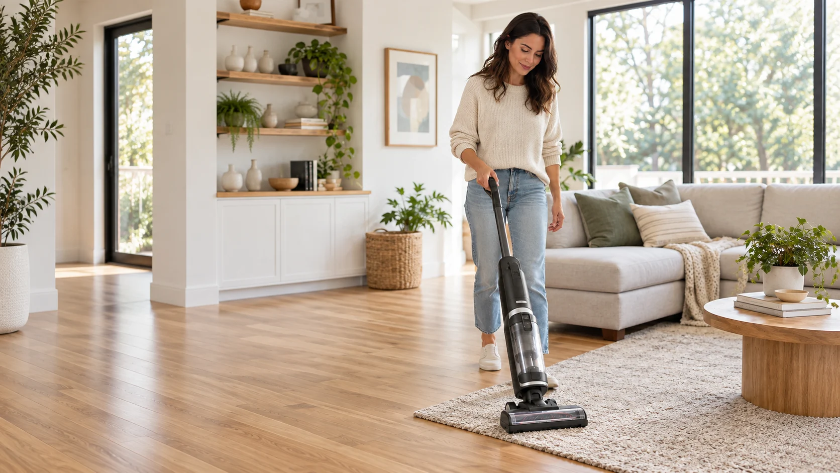 Woman using a generic cordless stick vacuum in a bright, clean living room