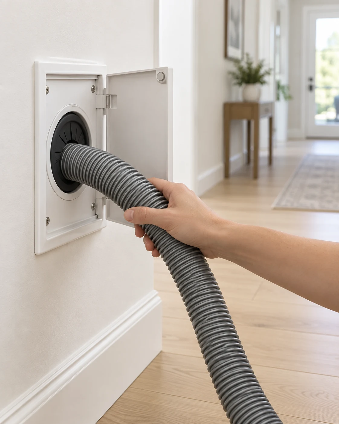 Hand guiding a retractable central vacuum hose into a wall storage inlet