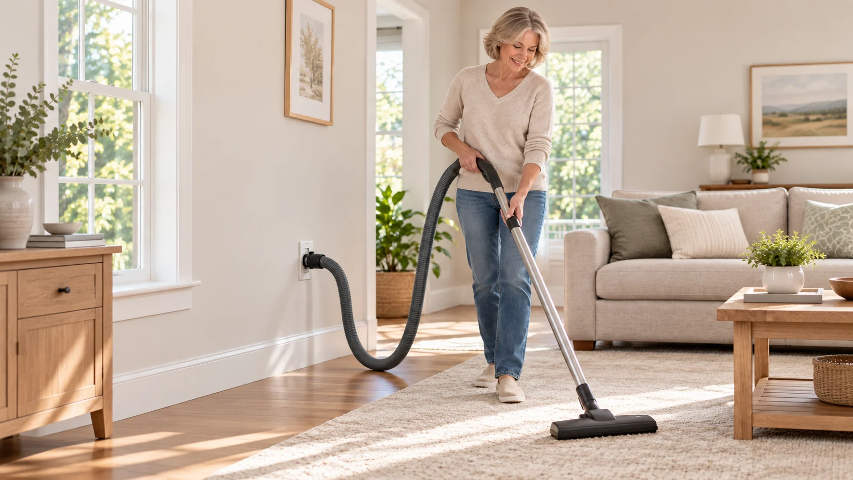 Smiling homeowner using a central vacuum system in a bright living room